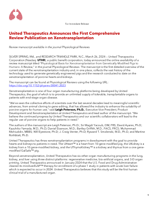 United Therapeutics 宣布发表首篇关于异种移植的综合评论出版物